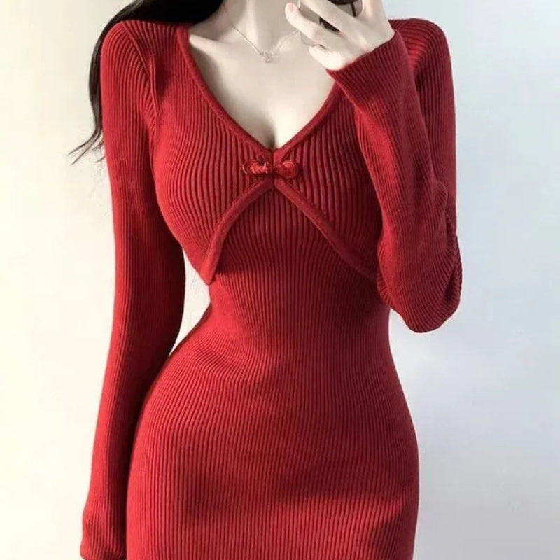 Autumn And Winter New Chinese Retro Red Knitted Hip Skirt